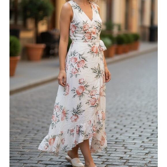 miami Dresses & Skirts - Miami Women's Small Sleeveless Lined White Floral Ruffled Hem Long Wrap Dress